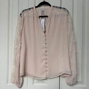 Ever New Blush Button-Down Blouse with Lace Sleeves